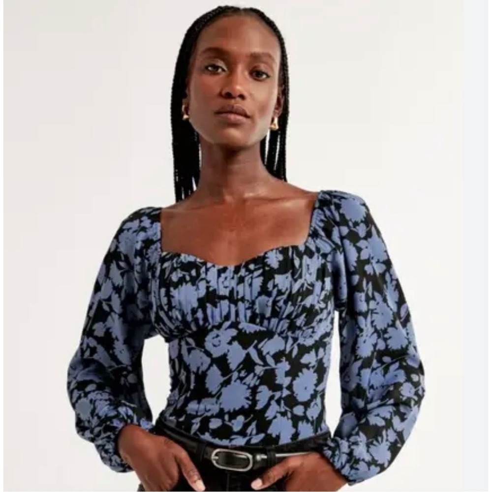 Abercrombie & Fitch Blue Black Floral Puff‎ Sleeve Smocked Crop Top Medium New